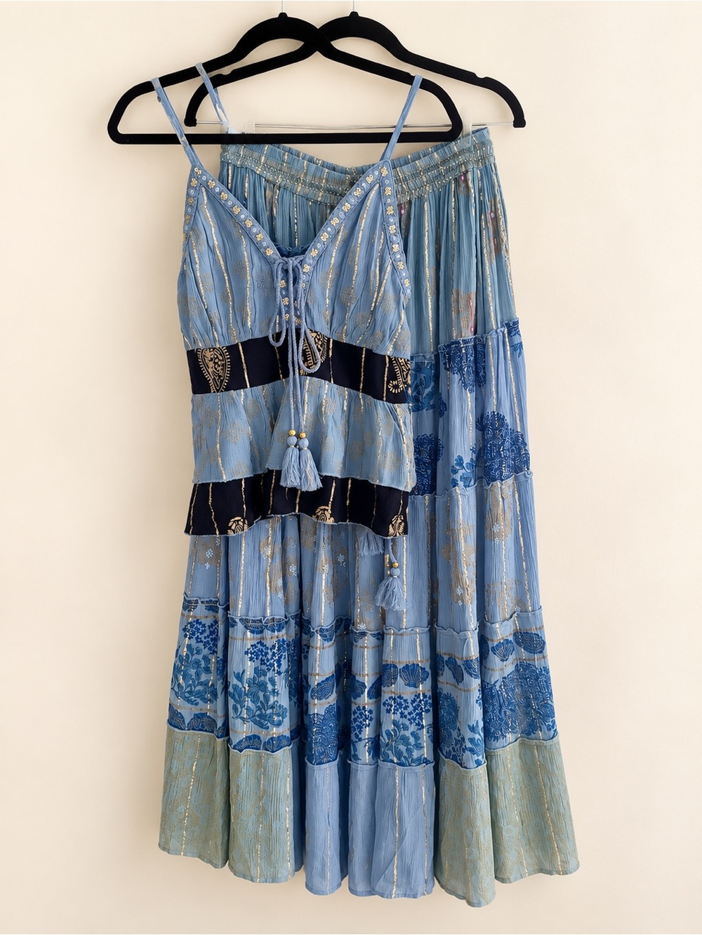 Blue Gold Boho 2 Piece Maxi Skirt Top Set - One Size